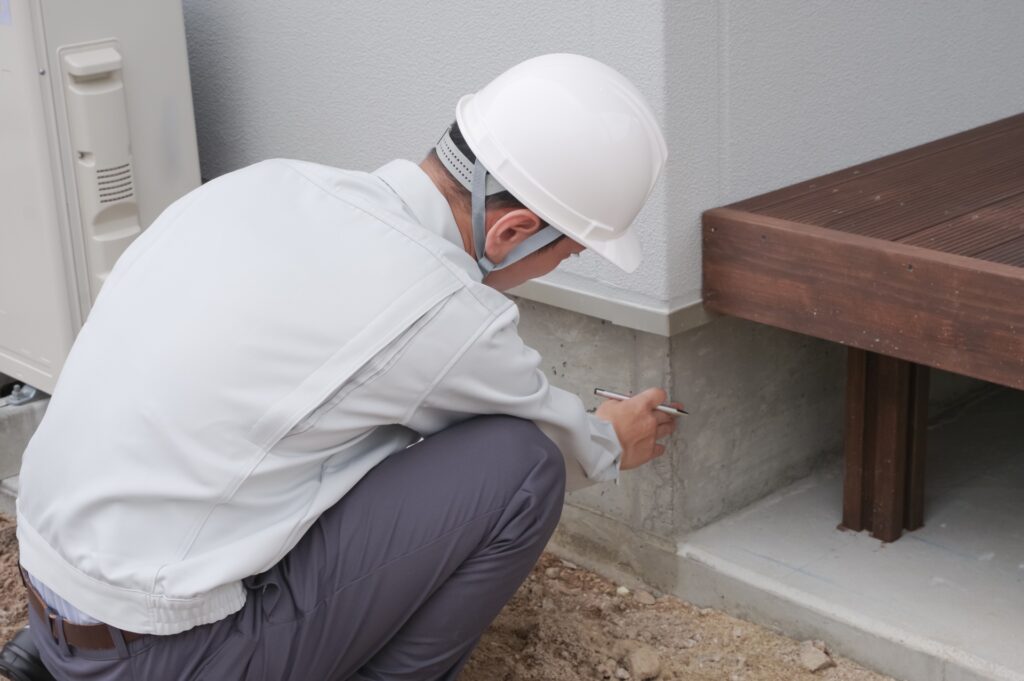 住宅の基礎を確認する作業員